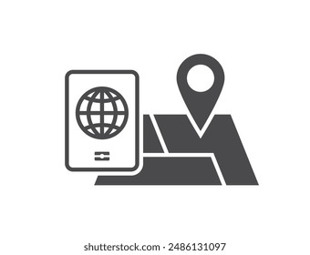map with location pin and passport icon. travel, vacation and journey symbol. isolated vector image for tourism design
