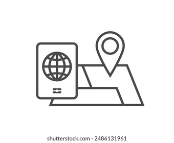 map with location pin and passport line icon. travel, vacation and journey symbol. isolated vector image for tourism design