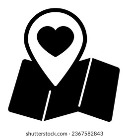 Map and location pin pointer with heart solid icon, dating concept, love navigation vector sign on white background, glyph style icon for mobile concept and web design. Vector graphics