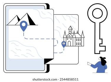 Mapa com pinos de localização que levam de pirâmides a um castelo, mantido por uma pessoa em azul. Ideal para viagens, exploração, navegação, viagens históricas e aventuras digitais. Design simples de vetores