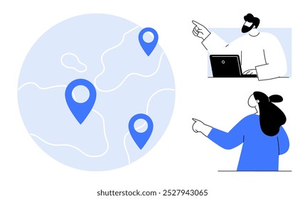 A map with location pins, a man using a laptop, and a woman pointing. Ideal for themes business, teamwork, global communication, navigation, technology. Simple, clean style - Powered by Shutterstock - Get 15% off with code: PIKWIZARD15