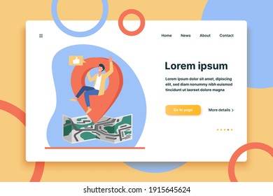Map location pointer. Man sharing his locate on social media flat vector illustration. Communication, application concept for banner, website design or landing web page