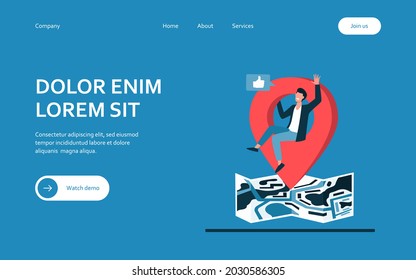 Map location pointer. Man sharing his locate on social media flat vector illustration. Communication, application concept for banner, website design or landing web page