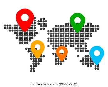 Map with location pointers, continents with countries and geotag. Connection and international communication worldwide. Delivery in different country. Geolocation signs, navigation gps locator