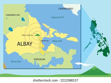 Map location of Popular tourist destination Mount Mayon located in Albay, Bicol Region showing an eruption or quake effect. Editable Clip art.