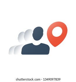 Map location red pointer and person, fast transportation, travel destination, move to place navigation, address direction, courier service, messenger vector flat icon