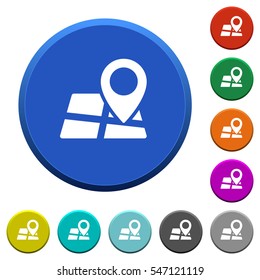 Map location round color beveled buttons with smooth surfaces and flat white icons