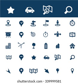 mapa, ubicación, iconos de ruta, signos de concepto vectorial establecido para infografías, móviles, sitios web, aplicación
