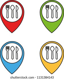 Map location signal with fork, knife and spoon inside. Directions map for restaurant or bar. Vector illustration in 4 colors: blue, red, green and orange