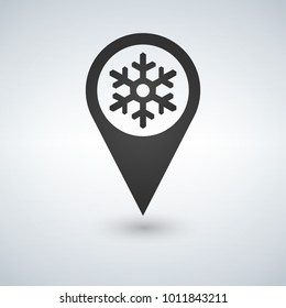 Map location with snowflake on white background. Vector illustration.