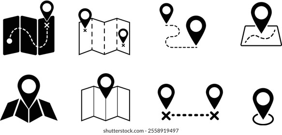 Map and location symbols set: Collection of geolocation icons including map paths, distance markers, GPS positions, pinpoints, routes, and navigation tools. Stock vector design.
