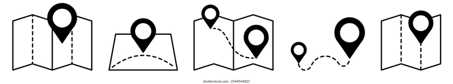 Map and location symbols set. Geolocation map distance path. Location icon. Location pin place marker.Pinpoint, map search, route, navigator. Vector illustration
