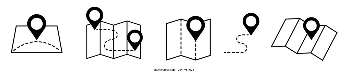 Conjunto de símbolos de mapa y ubicación. Ruta de distancia del mapa de geolocalización. Icono de Locación. Locación pin place marker.Pinpoint, búsqueda de mapas, ruta, navegador. Ilustración vectorial
