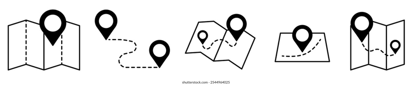 Map and location symbols set. Geolocation map distance path. Location icon. Location pin place marker.Pinpoint, map search, route, navigator. Vector illustration
