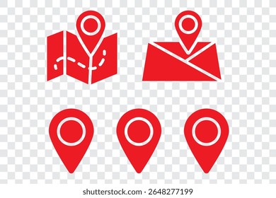 Conjunto de símbolos de localização e mapa. Caminho de distância do mapa de geolocalização. Ícone Local. Marcador de local do pino. Ponto de fixação, pesquisa no mapa, rota, navegador. Ilustração vetorial
