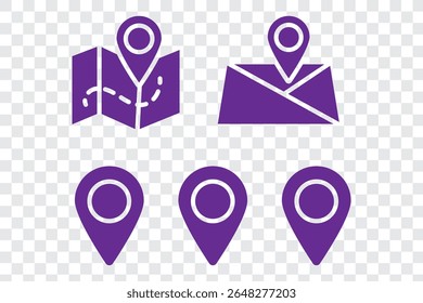 Conjunto de símbolos de localização e mapa. Caminho de distância do mapa de geolocalização. Ícone Local. Marcador de local do pino. Ponto de fixação, pesquisa no mapa, rota, navegador. Ilustração vetorial