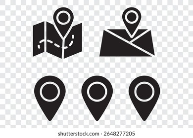 Conjunto de símbolos de localização e mapa. Caminho de distância do mapa de geolocalização. Ícone Local. Marcador de local do pino. Ponto de fixação, pesquisa no mapa, rota, navegador. Ilustração vetorial