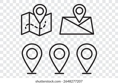 Conjunto de símbolos de localização e mapa. Caminho de distância do mapa de geolocalização. Ícone Local. Marcador de local do pino. Ponto de fixação, pesquisa no mapa, rota, navegador. Ilustração vetorial