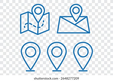 Conjunto de símbolos de localização e mapa. Caminho de distância do mapa de geolocalização. Ícone Local. Marcador de local do pino. Ponto de fixação, pesquisa no mapa, rota, navegador. Ilustração vetorial