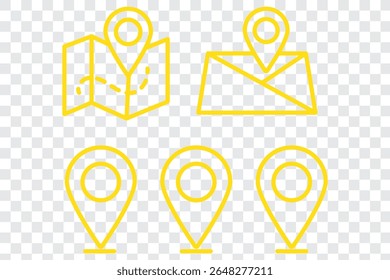 Conjunto de símbolos de localização e mapa. Caminho de distância do mapa de geolocalização. Ícone Local. Marcador de local do pino. Ponto de fixação, pesquisa no mapa, rota, navegador. Ilustração vetorial