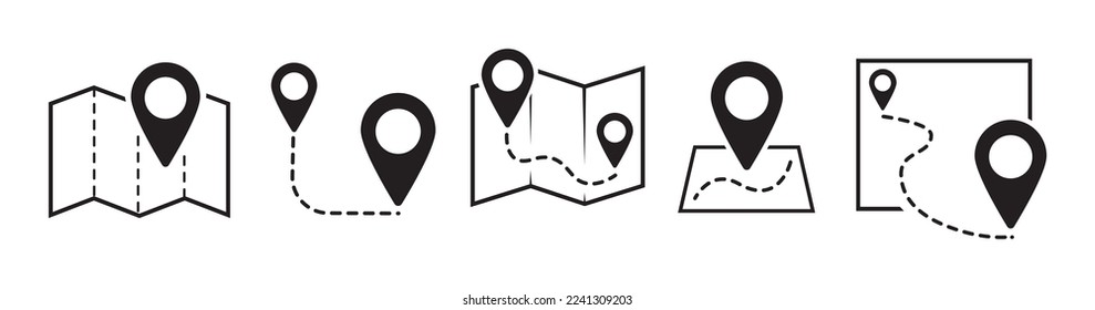 Map and location symbols set. Mapping icon collection. Geolocation map path distance. GPS cartography position. Pinpoint, map search, route, navigator. Vector icon.