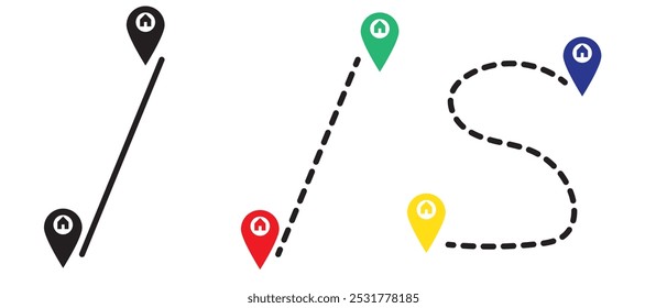 Map and location symbols set. Mapping icon collection. Geolocation map path distance. GPS cartography position. Pinpoint, map search, route, navigator - stock vector.