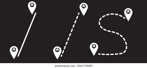 Conjunto de símbolos de localização e mapa. Coleção de ícones de mapeamento. Distância do caminho do mapa de localização geográfica. Posição cartográfica GPS. Ponta, pesquisa de mapa, rota, navegador - vetor de estoque.