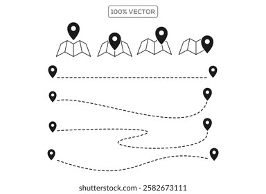 Map and location symbols set. Mapping icon collection. Geolocation map path distance. GPS cartography position. vector template