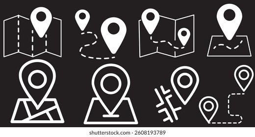 Map and location symbols set. Mapping icon collection. Geolocation map path distance. GPS cartography position. Pinpoint, map search, route, navigator - vector stock