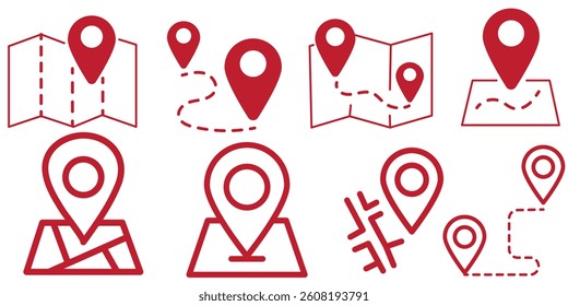 Map and location symbols set. Mapping icon collection. Geolocation map path distance. GPS cartography position. Pinpoint, map search, route, navigator - vector stock