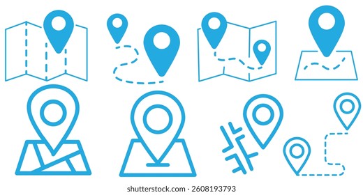 Map and location symbols set. Mapping icon collection. Geolocation map path distance. GPS cartography position. Pinpoint, map search, route, navigator - vector stock