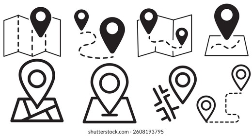 Map and location symbols set. Mapping icon collection. Geolocation map path distance. GPS cartography position. Pinpoint, map search, route, navigator - vector stock