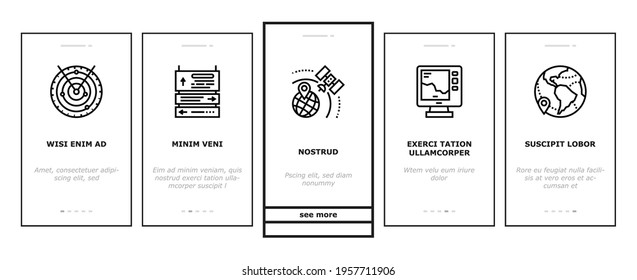 Map Location System Onboarding Mobile App Page Screen Vector. Map Location And Gps Satellite Navigation, Direction And Distance, Radar And Compass Illustrations