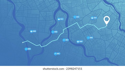 Localización de mapas servicio de alquiler de infraestructura urbana: patineta, patineta pateadora, bicicleta, auto eléctrico. Alquilar transporte ecológico. Aparcamiento remoto del vehículo conectado. rastreador de vehículos de batería. Ilustración del vector