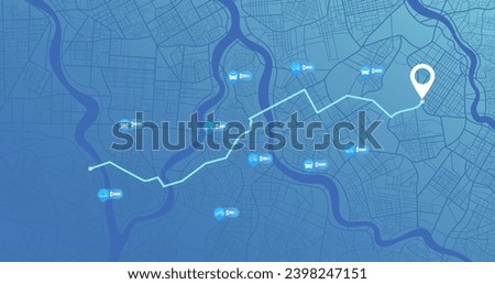 Map location urban infrastructure rental service: skateboard, kick scooter, bicycle, electric car. Rent eco transport. Connected vehicle remote parking. battery vehicles tracker. Vector illustration