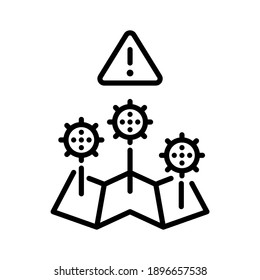 Asignar ubicación con el signo de advertencia de virus. Vector de línea. Aislar sobre fondo blanco.