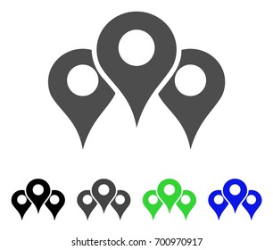 Map Locations flat vector illustration. Colored map locations, gray, black, blue, green pictogram versions. Flat icon style for application design.