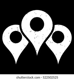 Map Locations grainy textured icon for overlay watermark stamps. Flat symbol with unclean texture. Dotted vector white ink rubber seal stamp with grunge design on a black background.