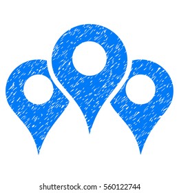Map Locations grainy textured icon for overlay watermark stamps. Flat symbol with scratched texture. Dotted vector blue ink rubber seal stamp with grunge design on a white background.
