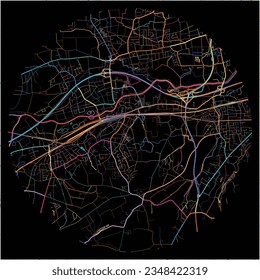 Map of Lohne, North Rhine-Westphalia with all major and minor roads, railways and waterways. Colorful line art on black background.