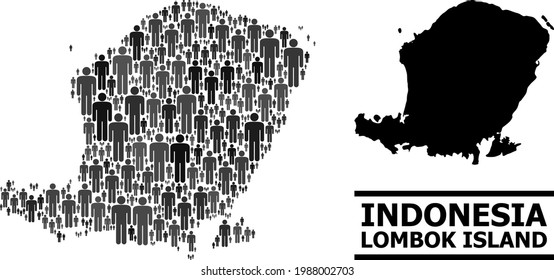 Map of Lombok Island for demographics projects. Vector demographics abstraction. Abstraction map of Lombok Island done of human icons. Demographic concept in dark grey color hues.