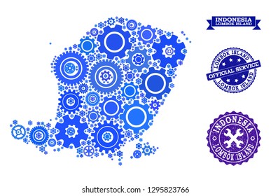 Map of Lombok Island designed with blue engine symbols, and isolated grunge seals for official repair services. Vector abstract collage of map of Lombok Island with repair symbols in blue color hues.