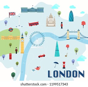 Map Of London Attractions Vector And Illustration.