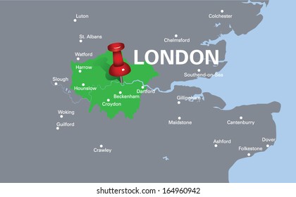 map of London with red push pin