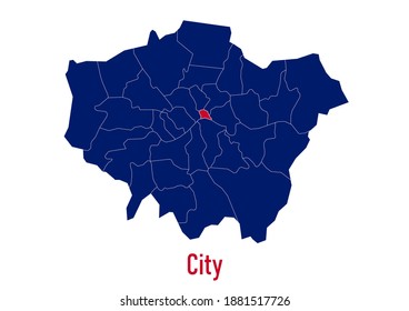 Map of Londond center. The map is colored with the colours of the United Kingdom flag. The vector map is appropriate for prints of all sizes. An isolated map on white background.