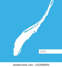 Map of Long Cay Island, Bahamas, contains geography outlines for land mass, water, major roads and minor roads.