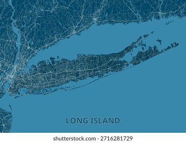 Mapa de Long Island y sus alrededores, en tonos azules. Las masas de tierra son de un azul más oscuro, mientras que el agua circundante es de un azul más claro y brillante.