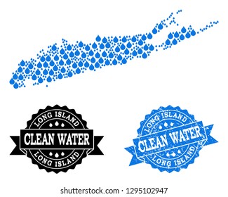 Map of Long Island vector mosaic and clean water grunge stamp. Map of Long Island formed with blue water drops. Seal with unclean rubber texture for natural drinking water.