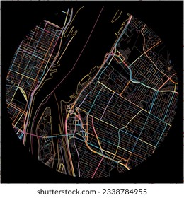 Map of Longueuil, Quebec with all major and minor roads, railways and waterways. Colorful line art on black background.