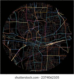 Map of Longview, Texas with all major and minor roads, railways and waterways. Colorful line art on black background.